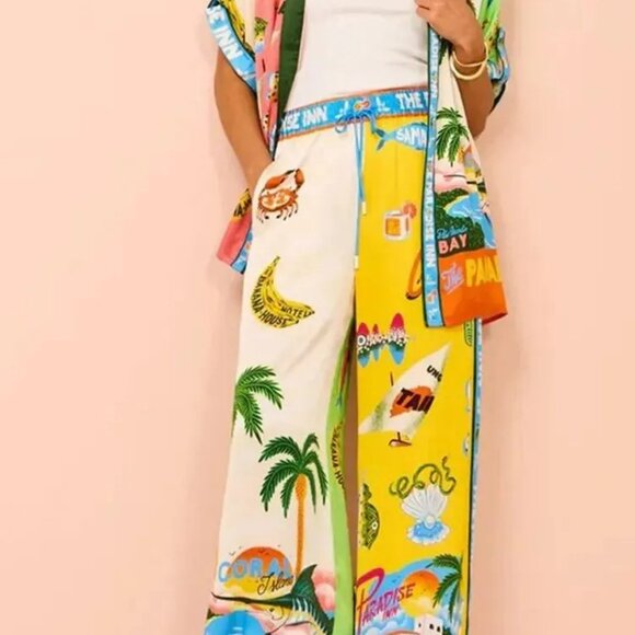 PARADISE INN 2-piece SMALL Tropical Travel Resort pull on pants/button-up top - Picture 2 of 4